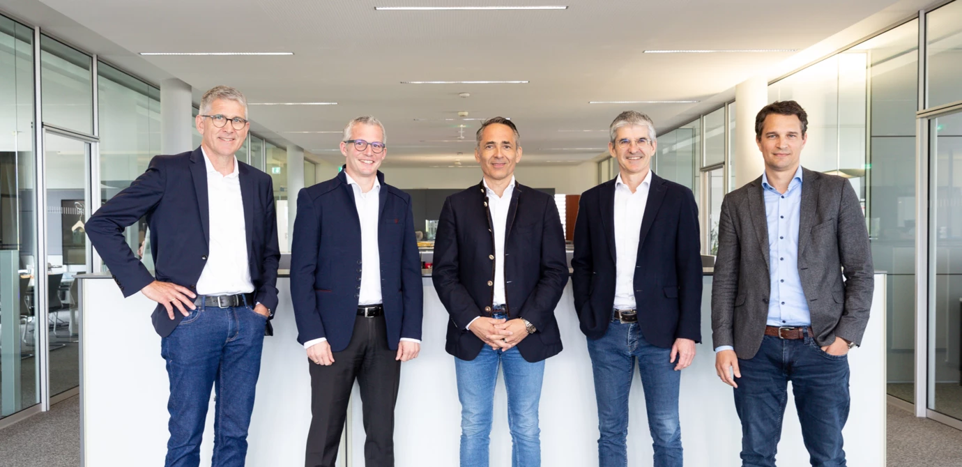 Leading the future of the Rhomberg Bau Holding and looking forward to reinforcement (from left to right): Martin Summer, Matthias Moosbrugger, Hubert Rhomberg, Ernst Thurnher, and Tobias Vonach.